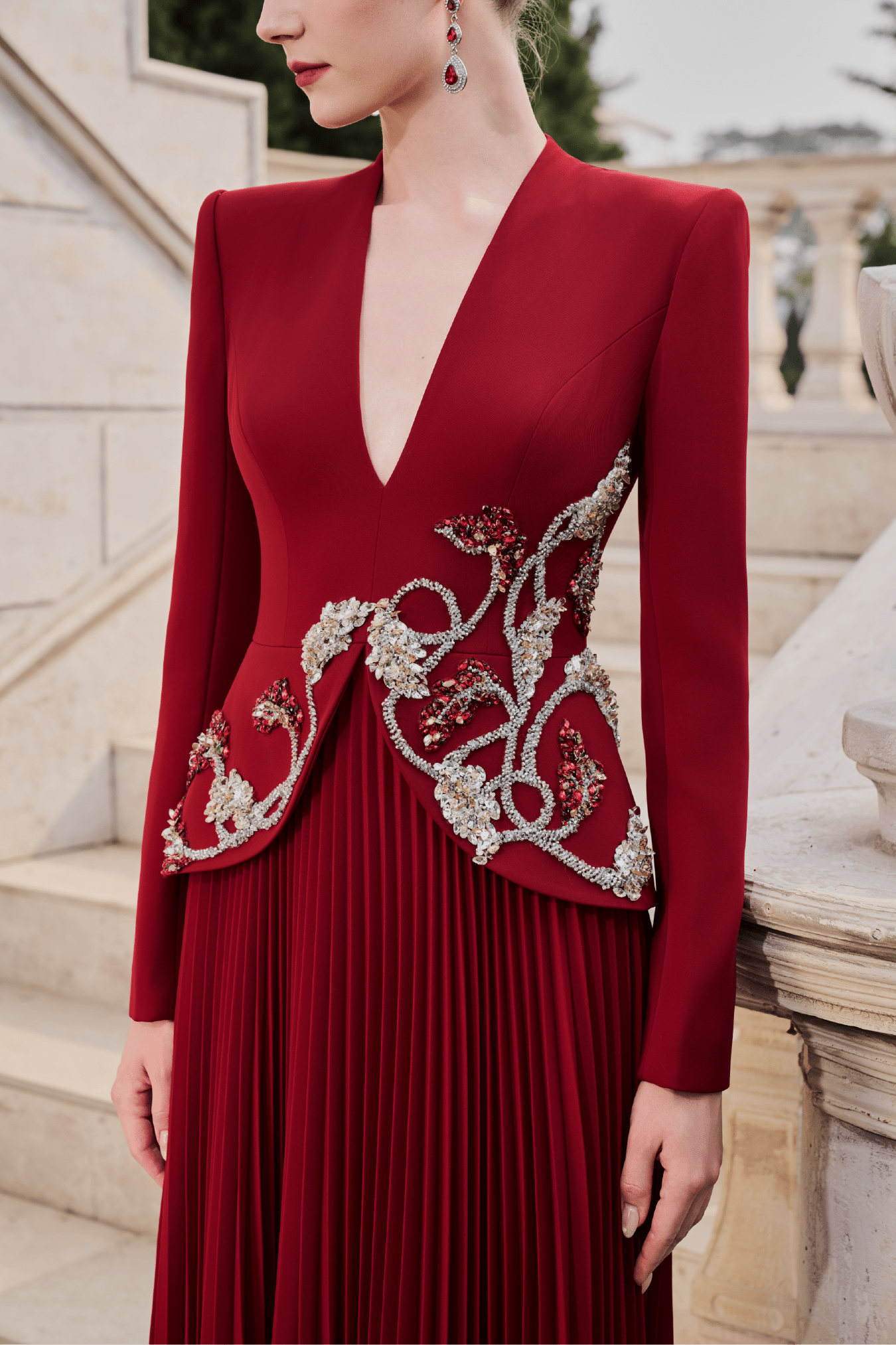 Embroidered Jacket - Bodice Pleated Gown - ALBOUSHIYA - district 5 - dubai - riyadh - abaya - dresses - designers - evening wear - luxury - elegance - craftsmanship - gowns - cocktail dresses - collections - georges