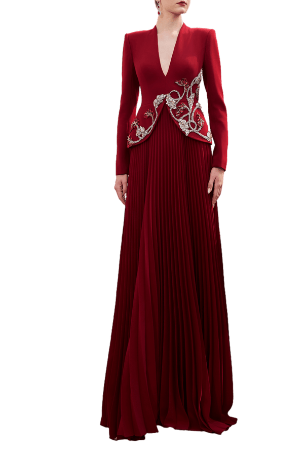 Embroidered Jacket - Bodice Pleated Gown - ALBOUSHIYA - district 5 - dubai - riyadh - abaya - dresses - designers - evening wear - luxury - elegance - craftsmanship - gowns - cocktail dresses - collections - georges