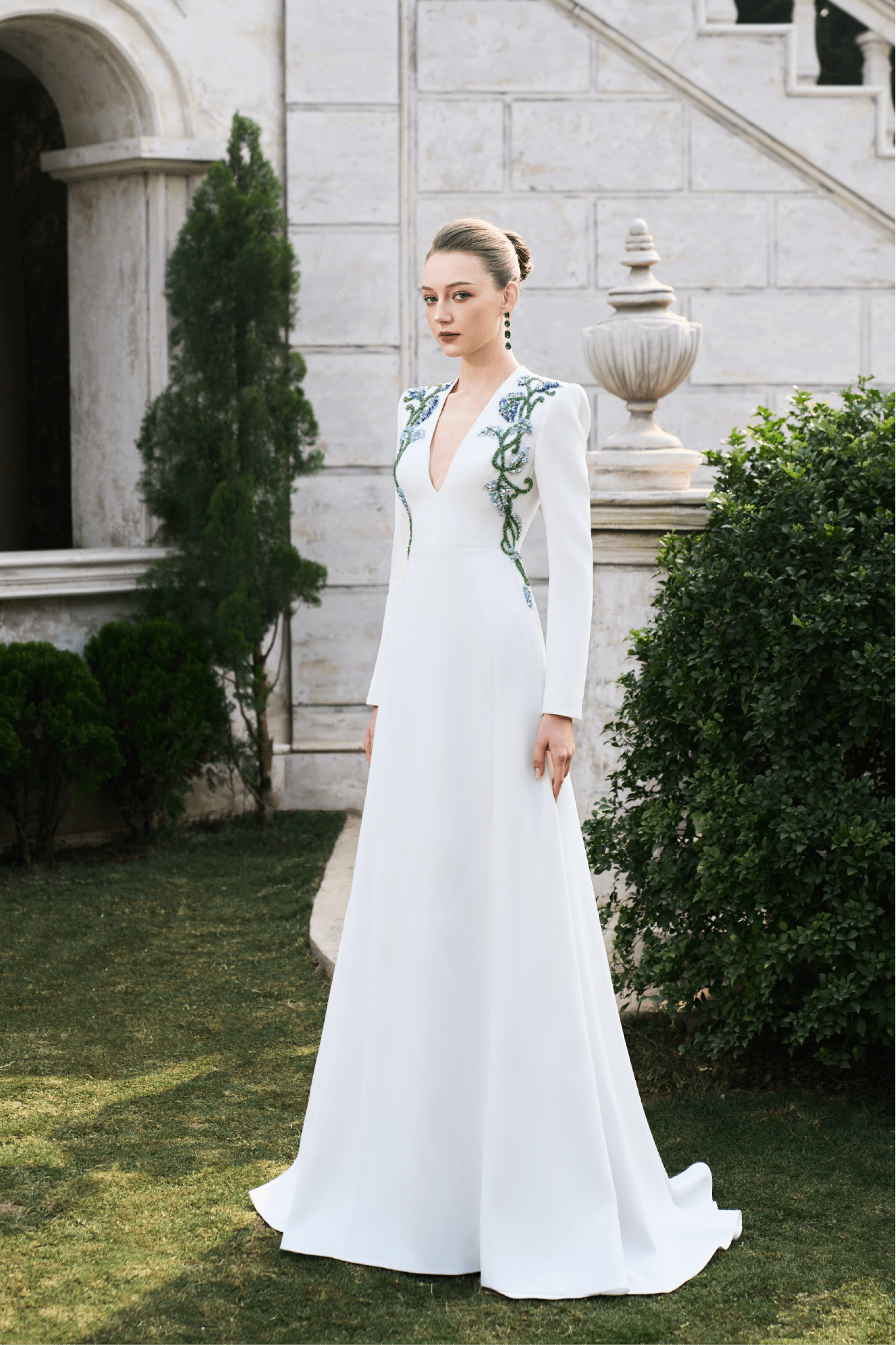 Embroidered Long - Sleeve V - Neck Gown - ALBOUSHIYA - district 5 - dubai - riyadh - abaya - dresses - designers - evening wear - luxury - elegance - craftsmanship - gowns - cocktail dresses - collections - georges