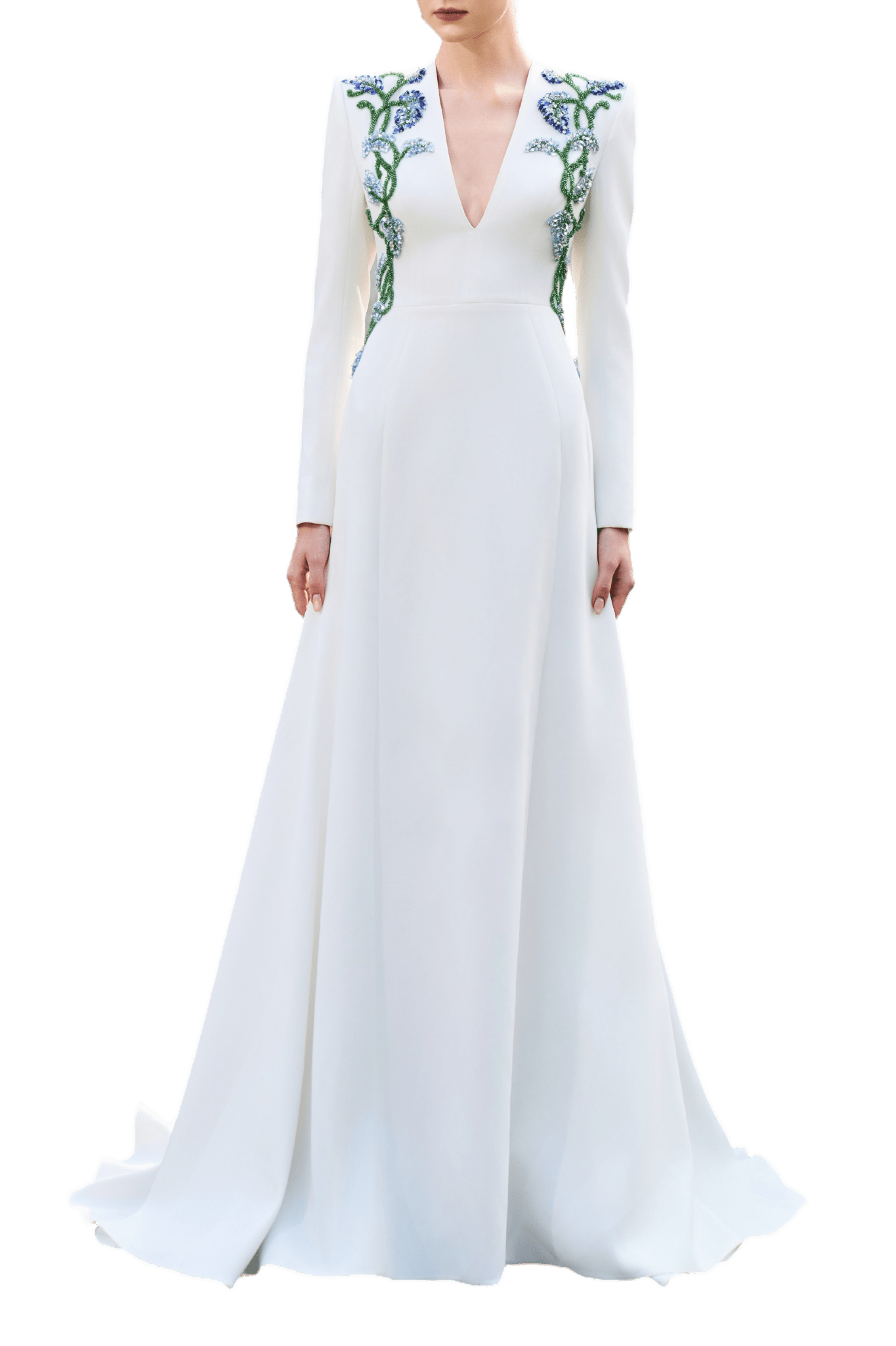 Embroidered Long - Sleeve V - Neck Gown - ALBOUSHIYA - district 5 - dubai - riyadh - abaya - dresses - designers - evening wear - luxury - elegance - craftsmanship - gowns - cocktail dresses - collections - georges