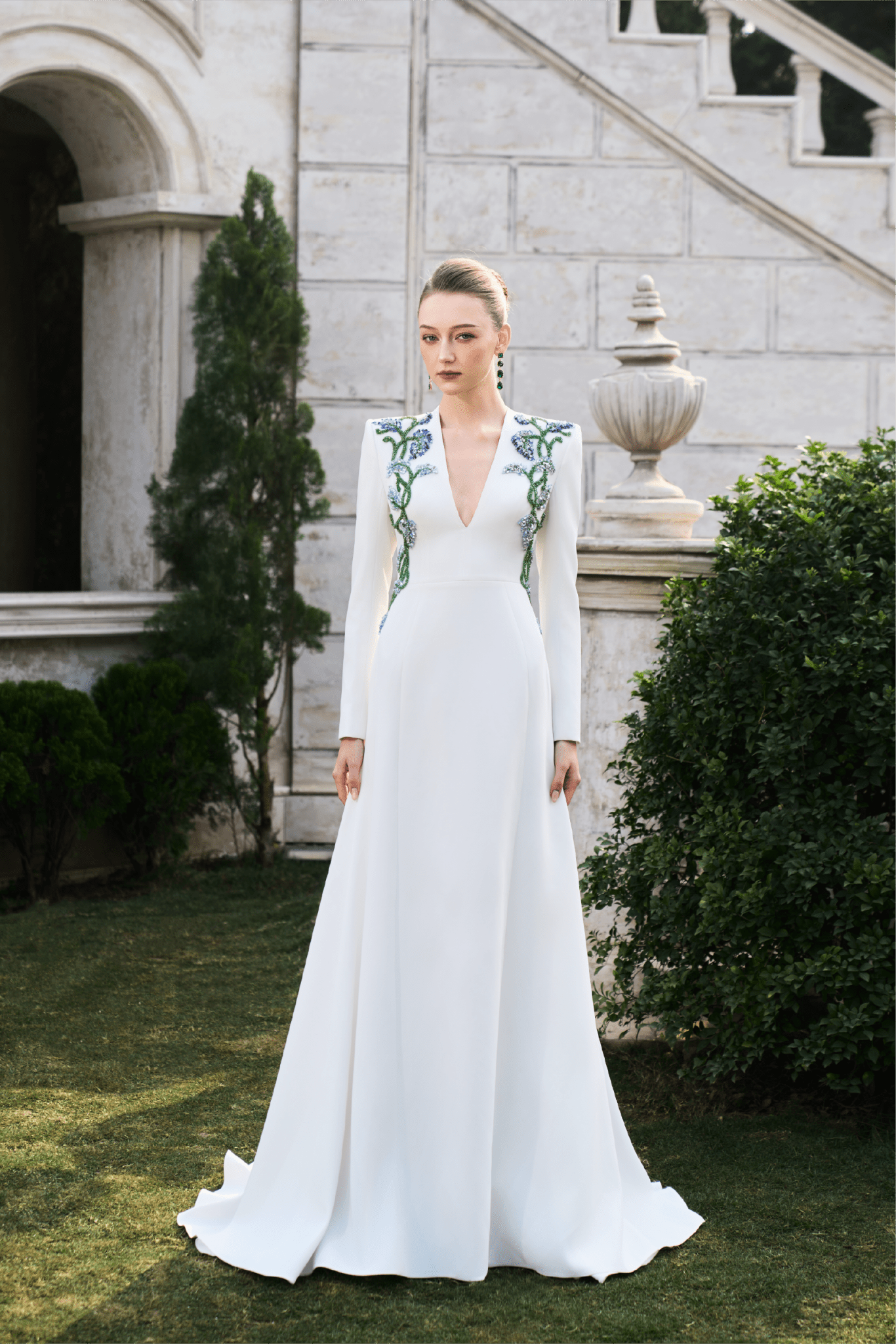 Embroidered Long - Sleeve V - Neck Gown - ALBOUSHIYA - district 5 - dubai - riyadh - abaya - dresses - designers - evening wear - luxury - elegance - craftsmanship - gowns - cocktail dresses - collections - georges