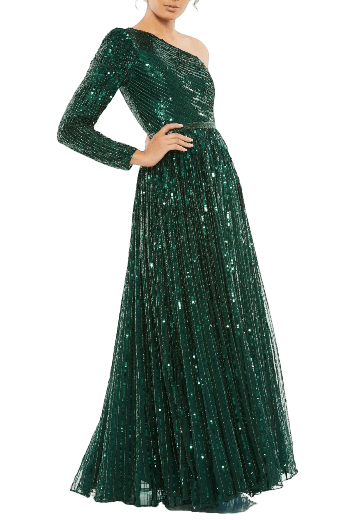 Emerald Sequined One Shoulder Gown - ALBOUSHIYA - district 5 - dubai - riyadh - abaya - dresses - designers - evening wear - luxury - elegance - craftsmanship - gowns - cocktail dresses - collections - georges