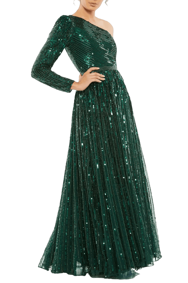 Emerald Sequined One Shoulder Gown - ALBOUSHIYA - district 5 - dubai - riyadh - abaya - dresses - designers - evening wear - luxury - elegance - craftsmanship - gowns - cocktail dresses - collections - georges