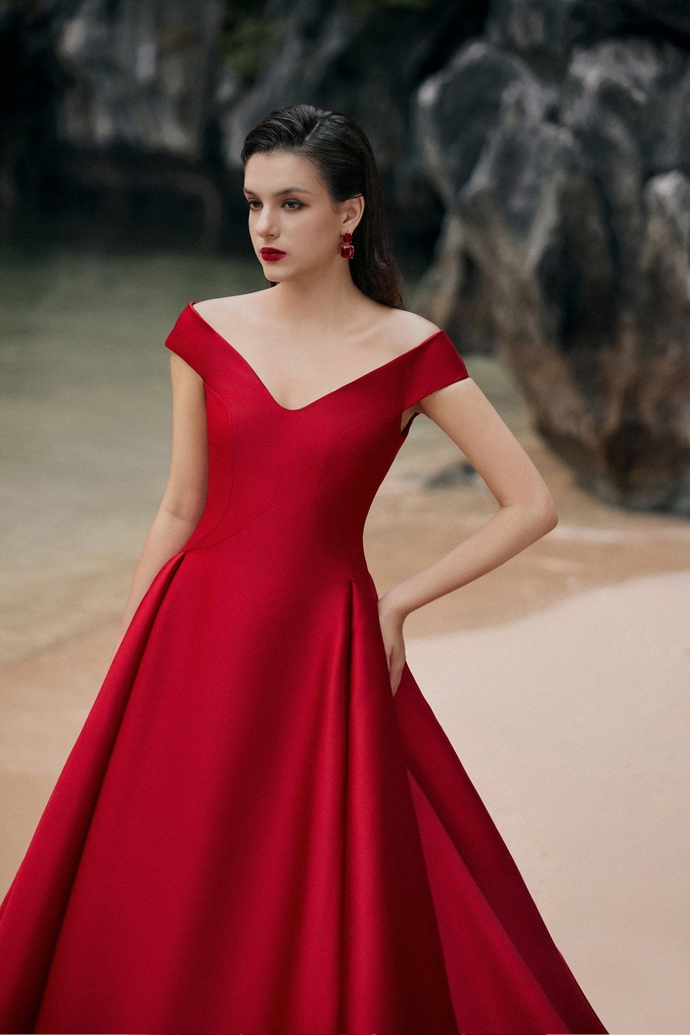 Emma Ball Gown Off - Shoulder Taffeta Extra Long Length Dress - ALBOUSHIYA - district 5 - dubai - riyadh - abaya - dresses - designers - evening wear - luxury - elegance - craftsmanship - gowns - cocktail dresses - collections - georges