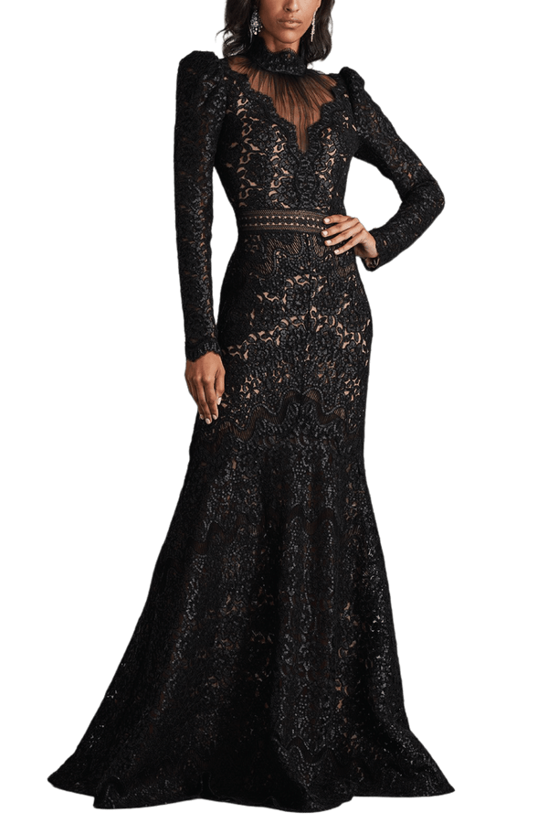 Enzo Sequin Embroidered High Neck Illusion Gown - ALBOUSHIYA - district 5 - dubai - riyadh - abaya - dresses - designers - evening wear - luxury - elegance - craftsmanship - gowns - cocktail dresses - collections - georges