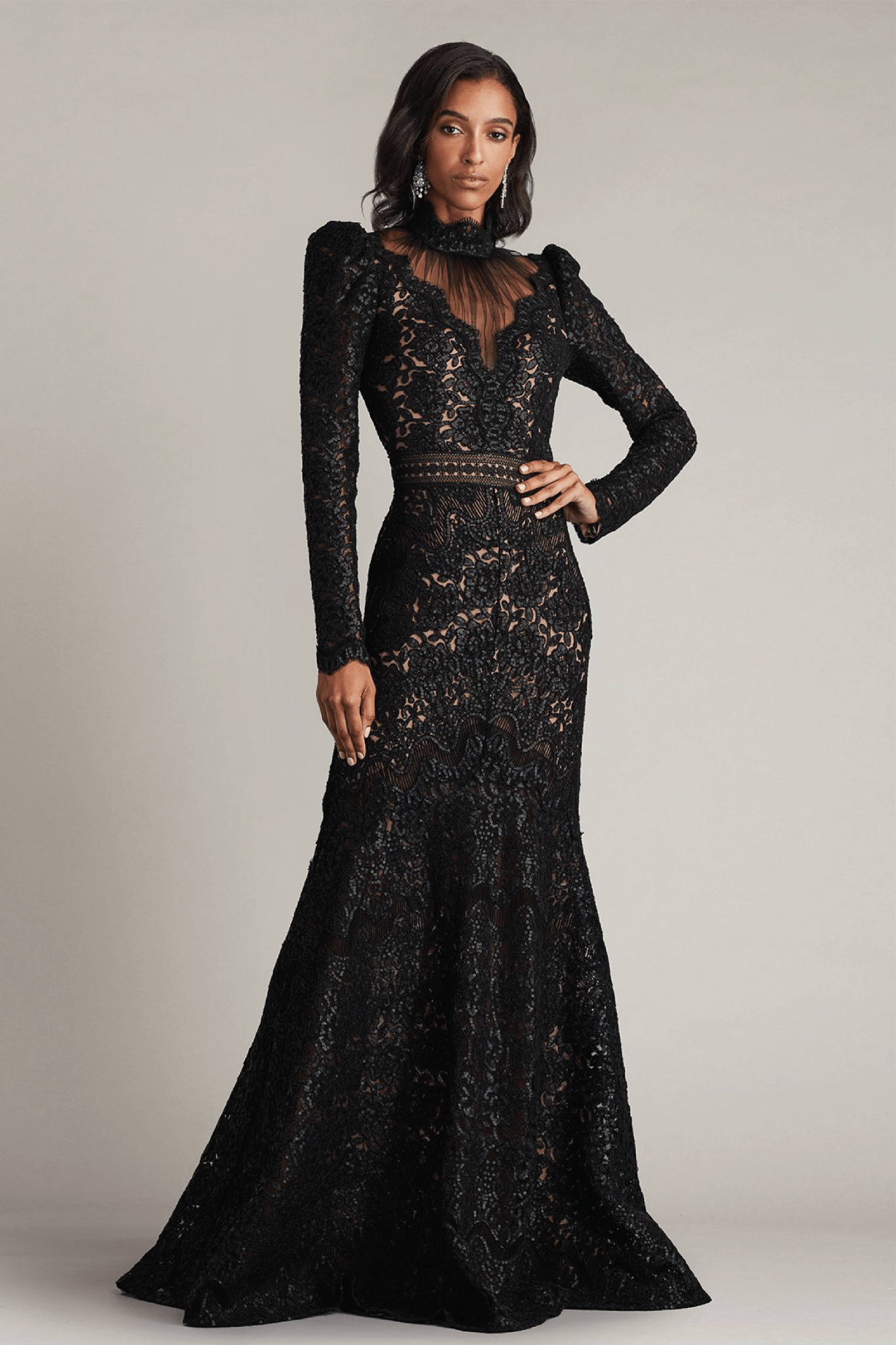 Enzo Sequin Embroidered High Neck Illusion Gown - ALBOUSHIYA - district 5 - dubai - riyadh - abaya - dresses - designers - evening wear - luxury - elegance - craftsmanship - gowns - cocktail dresses - collections - georges