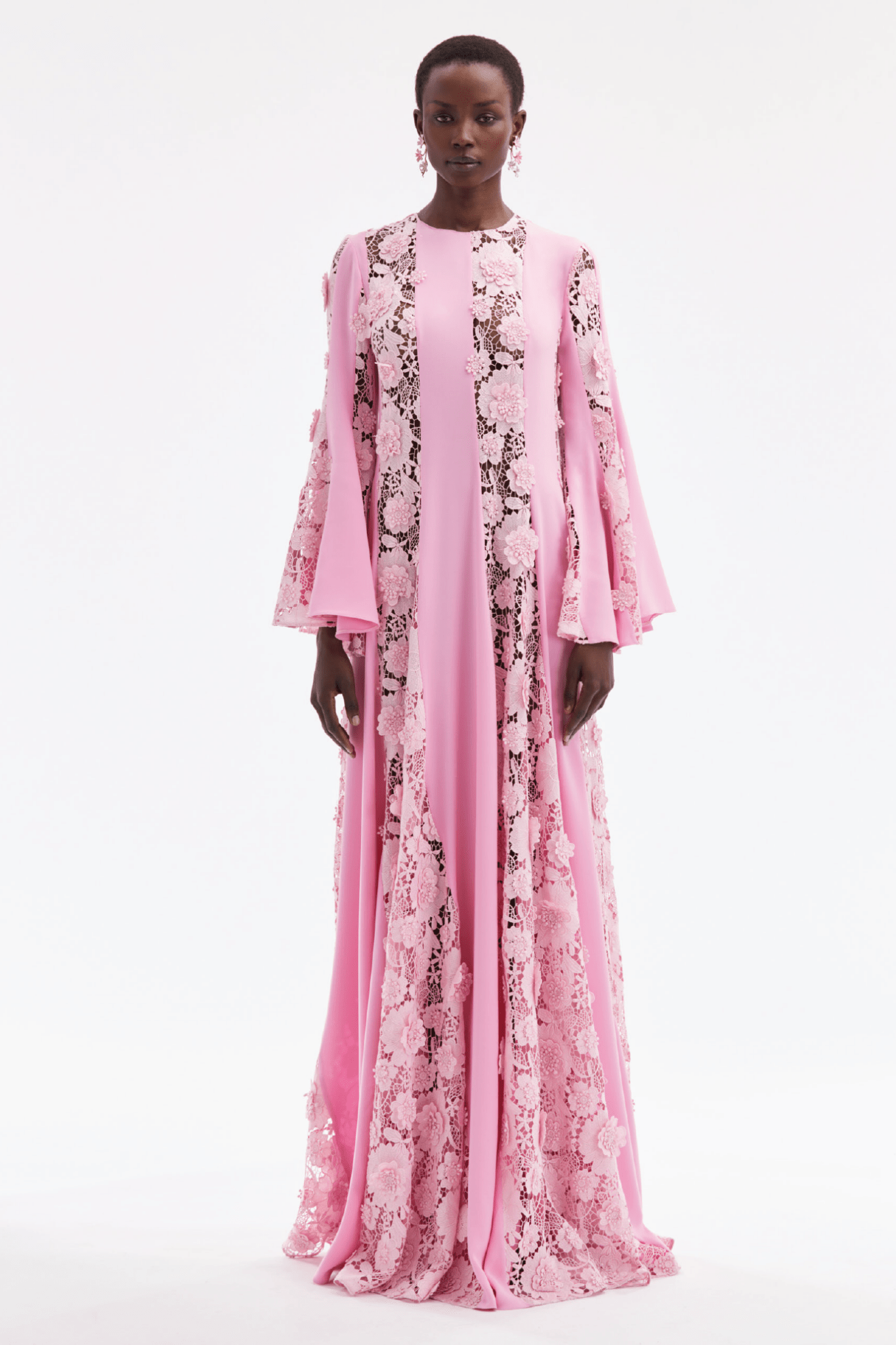 Flare Sleeve Floral Guipure Georgette Caftan - ALBOUSHIYA - district 5 - dubai - riyadh - abaya - dresses - designers - evening wear - luxury - elegance - craftsmanship - gowns - cocktail dresses - collections - georges