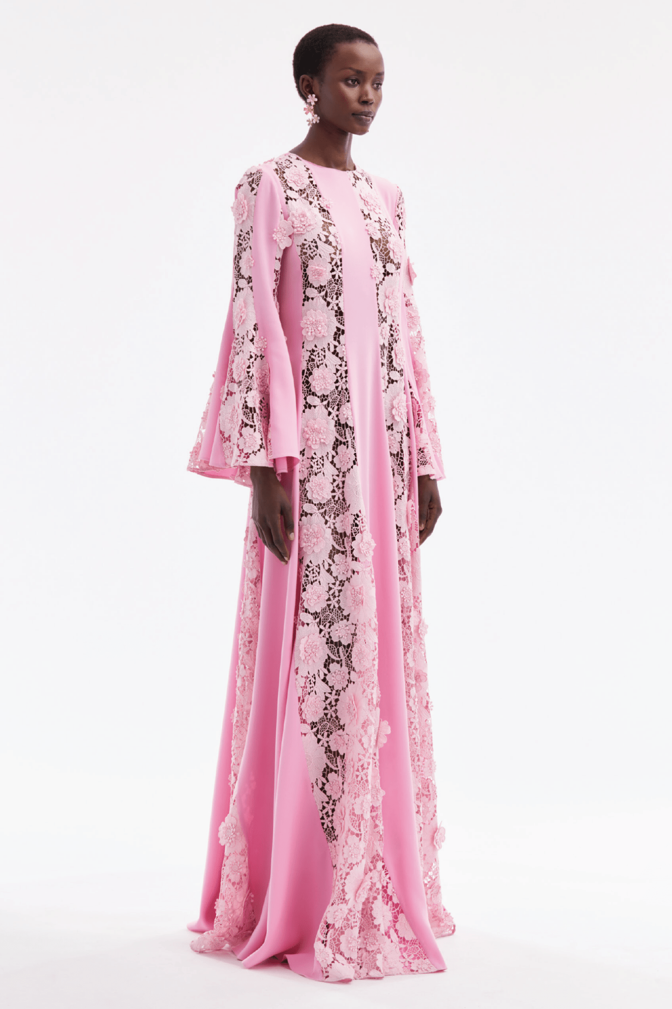 Flare Sleeve Floral Guipure Georgette Caftan - ALBOUSHIYA - district 5 - dubai - riyadh - abaya - dresses - designers - evening wear - luxury - elegance - craftsmanship - gowns - cocktail dresses - collections - georges
