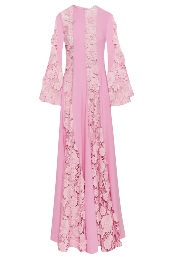 Flare Sleeve Floral Guipure Georgette Caftan - ALBOUSHIYA - district 5 - dubai - riyadh - abaya - dresses - designers - evening wear - luxury - elegance - craftsmanship - gowns - cocktail dresses - collections - georges