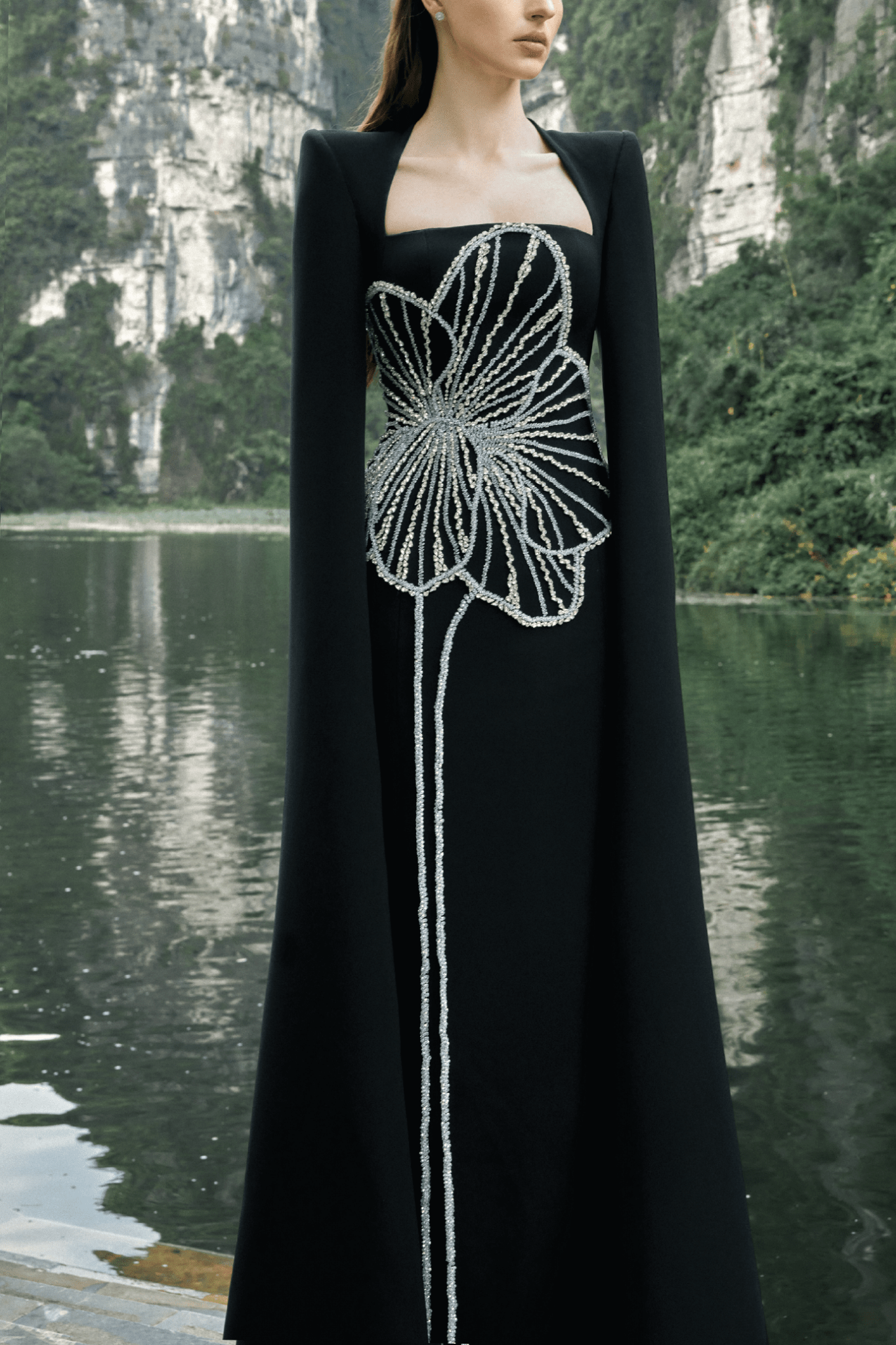 Floral Crystal Patterned Dress - ALBOUSHIYA - district 5 - dubai - riyadh - abaya - dresses - designers - evening wear - luxury - elegance - craftsmanship - gowns - cocktail dresses - collections - georges