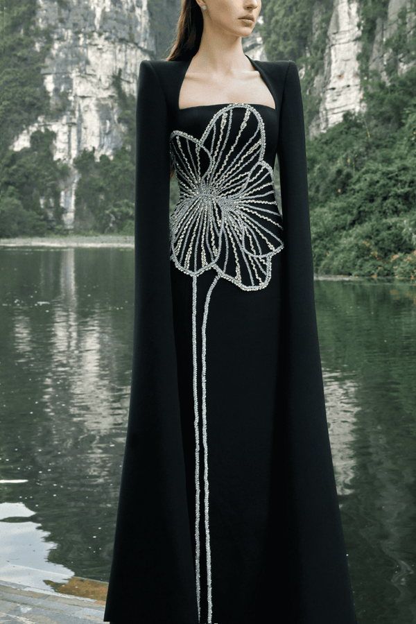 Floral Crystal Patterned Dress - ALBOUSHIYA - district 5 - dubai - riyadh - abaya - dresses - designers - evening wear - luxury - elegance - craftsmanship - gowns - cocktail dresses - collections - georges