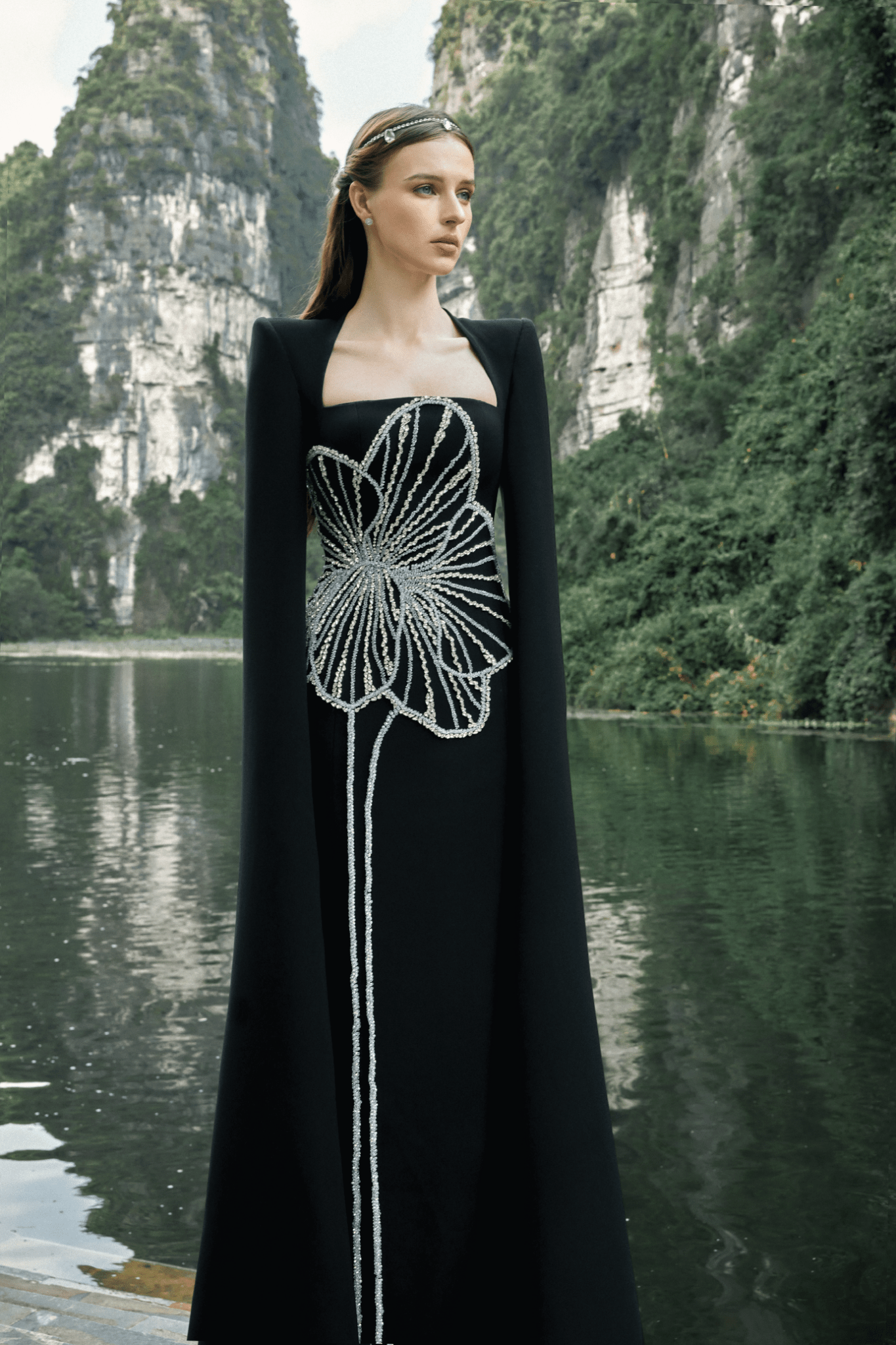 Floral Crystal Patterned Dress - ALBOUSHIYA - district 5 - dubai - riyadh - abaya - dresses - designers - evening wear - luxury - elegance - craftsmanship - gowns - cocktail dresses - collections - georges