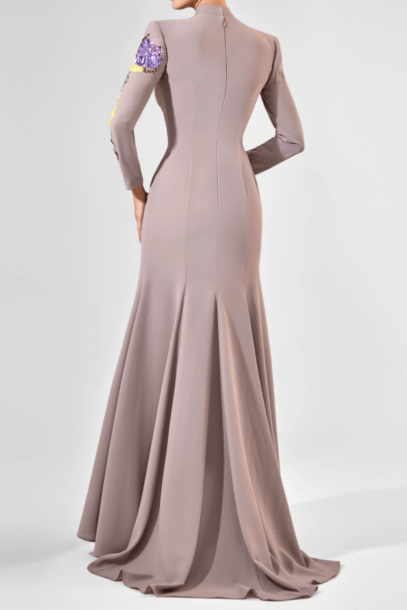 Floral Embellished Crepe Evening Gown - ALBOUSHIYA - district 5 - dubai - riyadh - abaya - dresses - designers - evening wear - luxury - elegance - craftsmanship - gowns - cocktail dresses - collections - georges