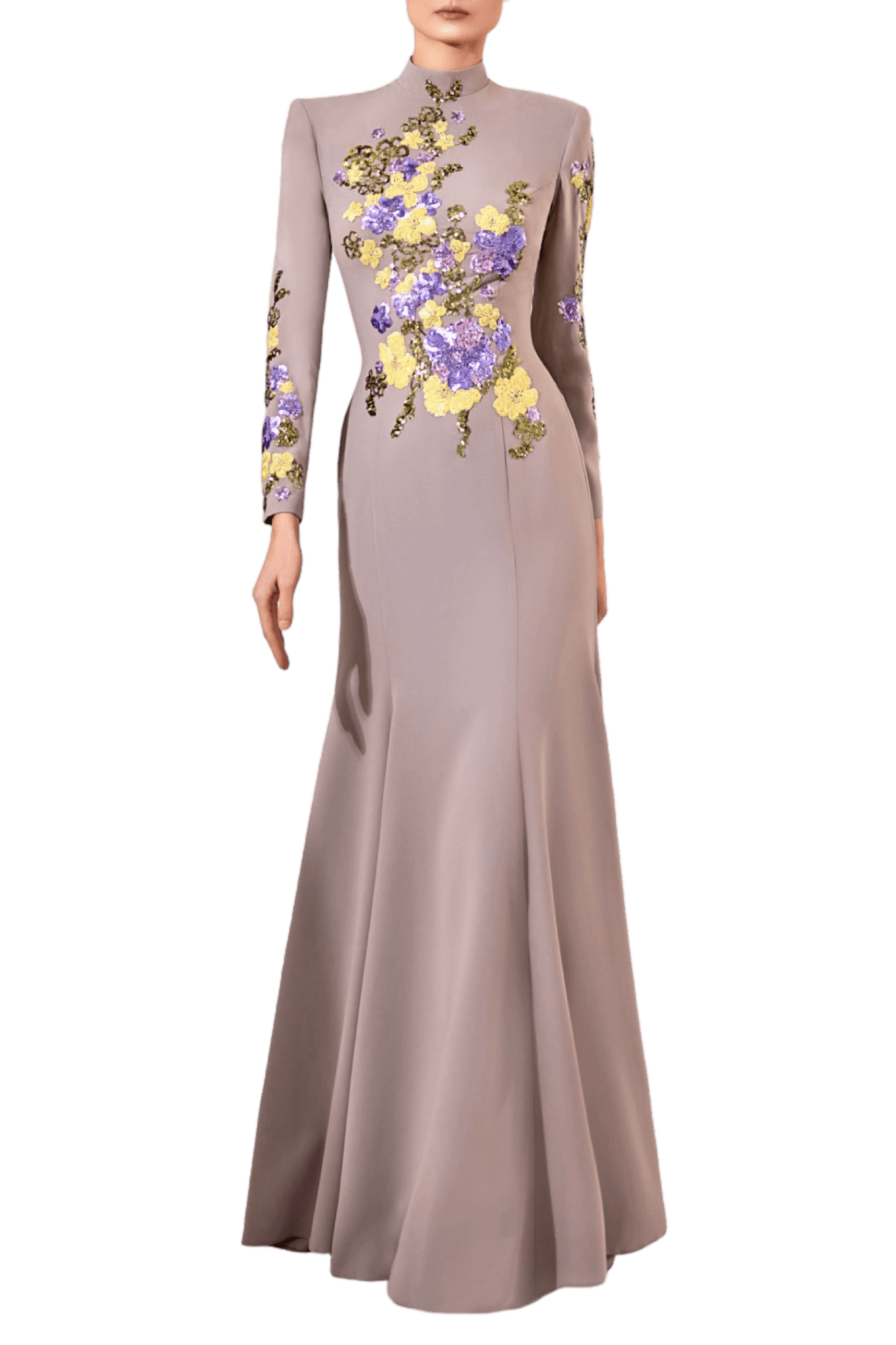 Floral Embellished Crepe Evening Gown - ALBOUSHIYA - district 5 - dubai - riyadh - abaya - dresses - designers - evening wear - luxury - elegance - craftsmanship - gowns - cocktail dresses - collections - georges