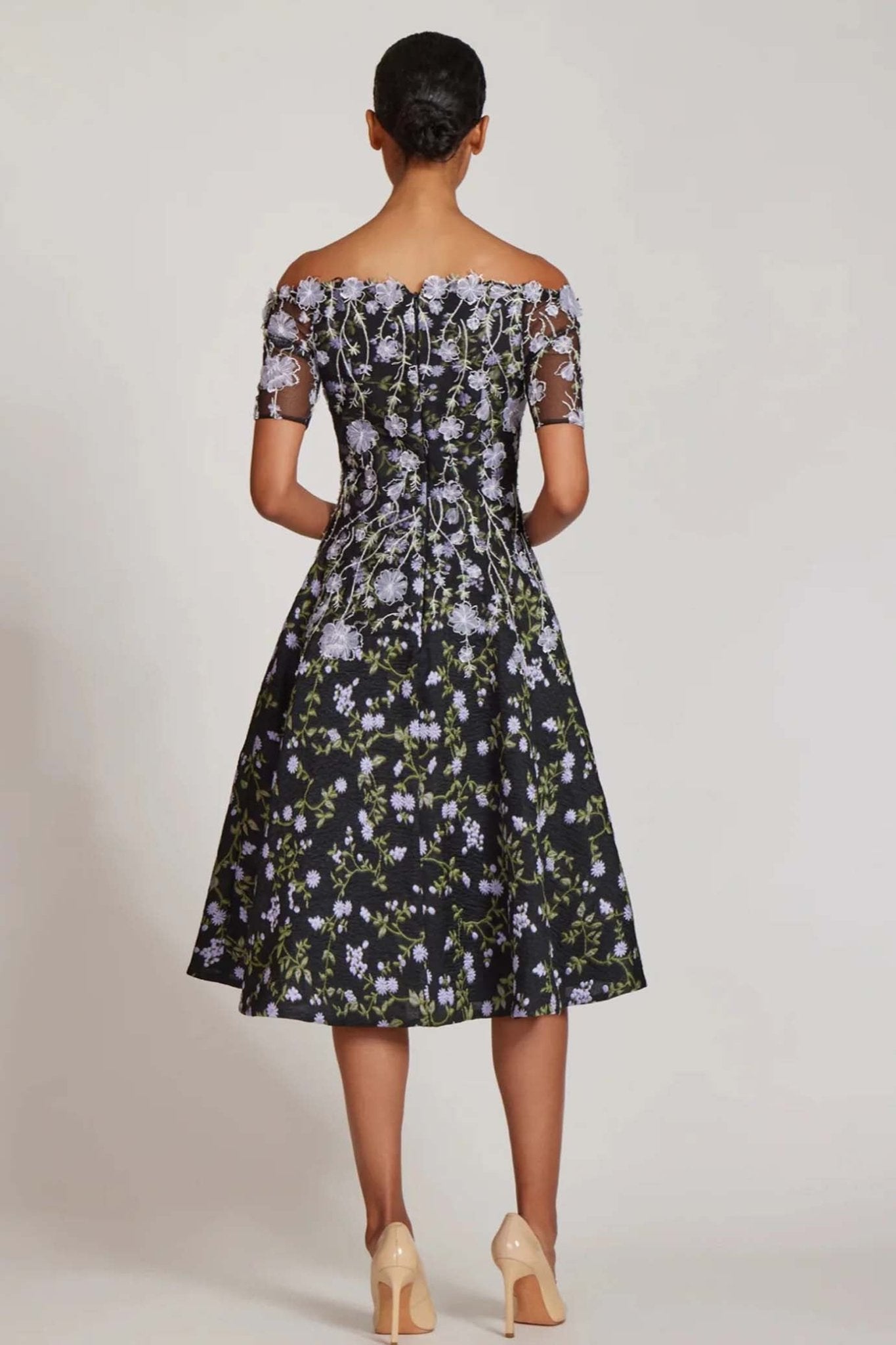 Floral - Embroidered Off - Shoulder Midi Dress - ALBOUSHIYA - district 5 - dubai - riyadh - abaya - dresses - designers - evening wear - luxury - elegance - craftsmanship - gowns - cocktail dresses - collections - georges