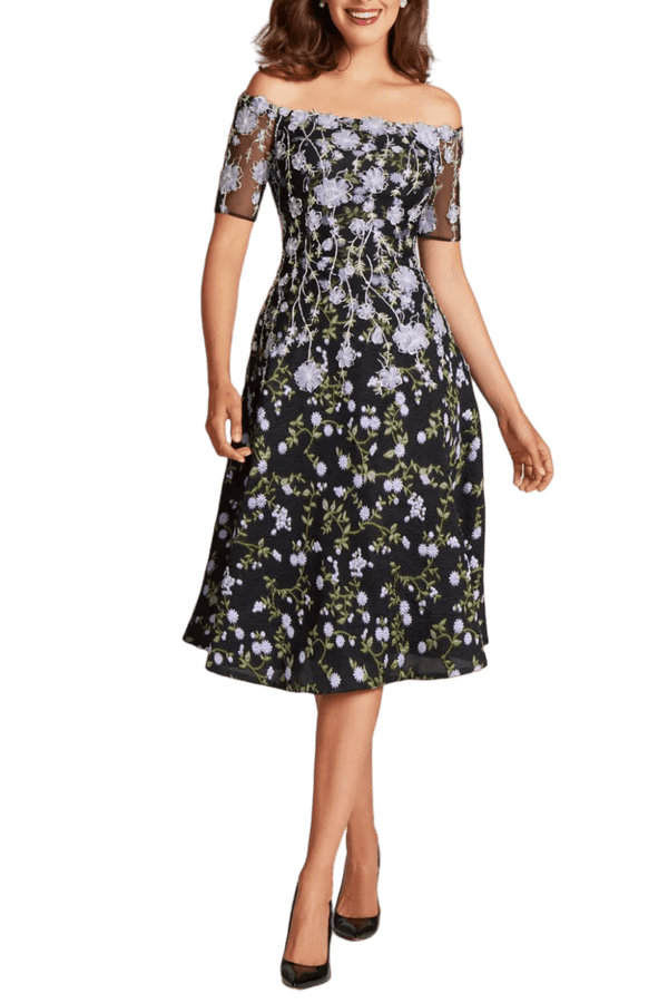 Floral - Embroidered Off - Shoulder Midi Dress - ALBOUSHIYA - district 5 - dubai - riyadh - abaya - dresses - designers - evening wear - luxury - elegance - craftsmanship - gowns - cocktail dresses - collections - georges