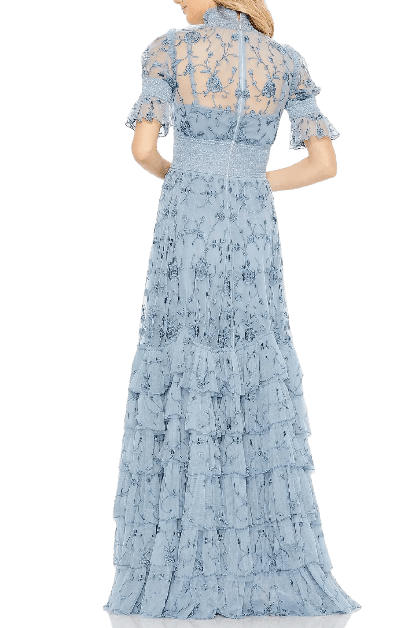 Floral Tiered Smock Neck Gown - ALBOUSHIYA - district 5 - dubai - riyadh - abaya - dresses - designers - evening wear - luxury - elegance - craftsmanship - gowns - cocktail dresses - collections - georges