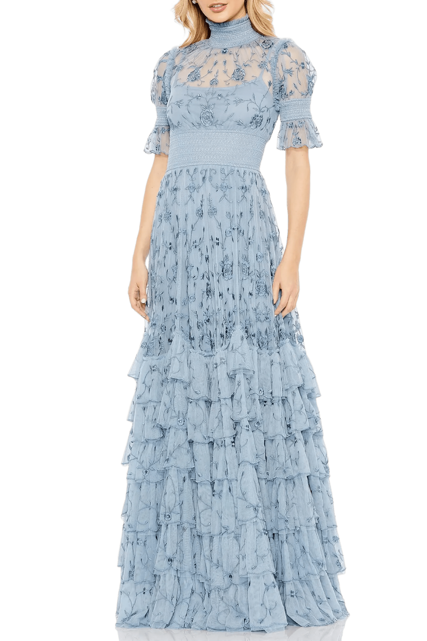 Floral Tiered Smock Neck Gown - ALBOUSHIYA - district 5 - dubai - riyadh - abaya - dresses - designers - evening wear - luxury - elegance - craftsmanship - gowns - cocktail dresses - collections - georges