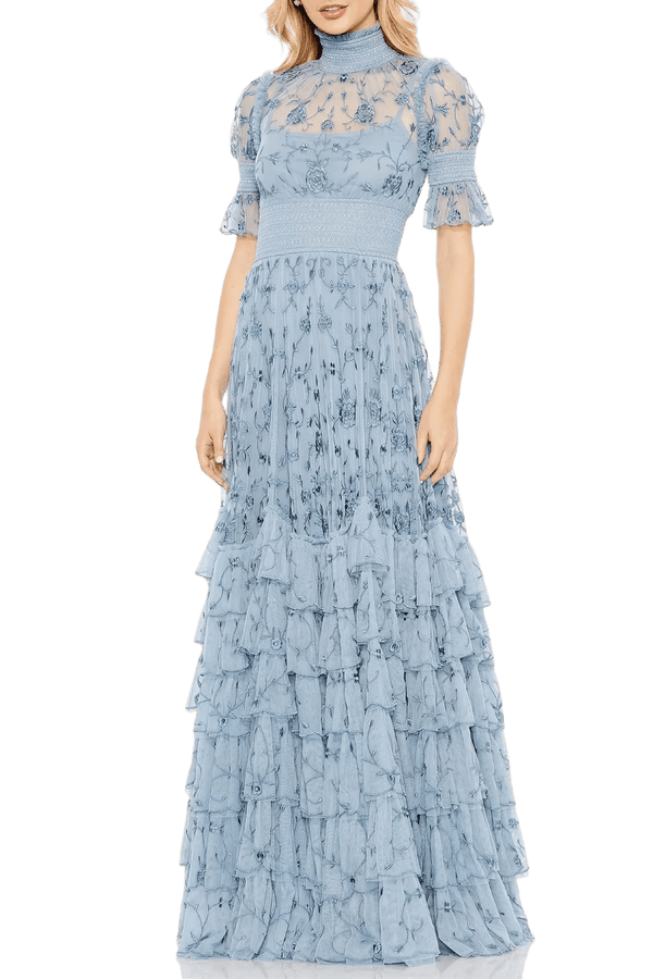 Floral Tiered Smock Neck Gown - ALBOUSHIYA - district 5 - dubai - riyadh - abaya - dresses - designers - evening wear - luxury - elegance - craftsmanship - gowns - cocktail dresses - collections - georges