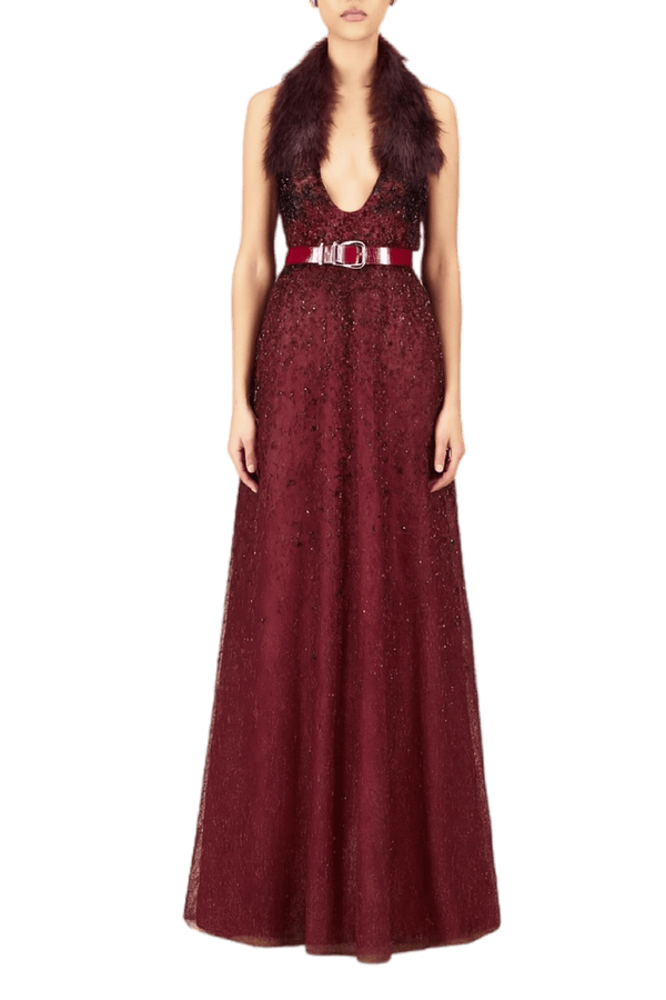 Flowy Gown with Fur - ALBOUSHIYA - district 5 - dubai - riyadh - abaya - dresses - designers - evening wear - luxury - elegance - craftsmanship - gowns - cocktail dresses - collections - georges