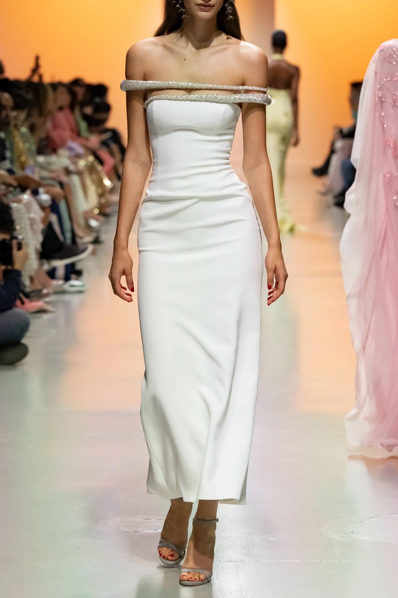 Off-Shoulder Crepe Crystallized Dress