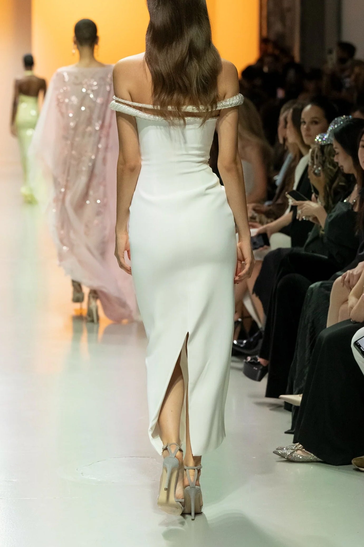 Off-Shoulder Crepe Crystallized Dress