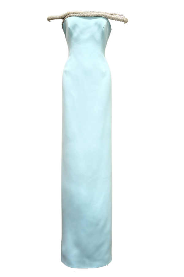 Off-Shoulder Crepe Crystallized Maxi Dress