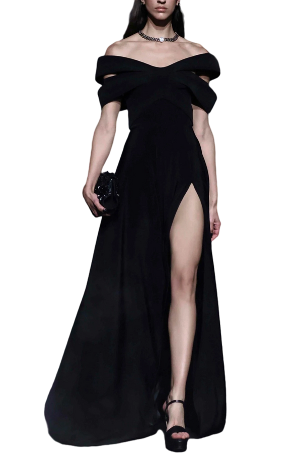 Crepe Dress With Structured Bow-Like Collar And Slit