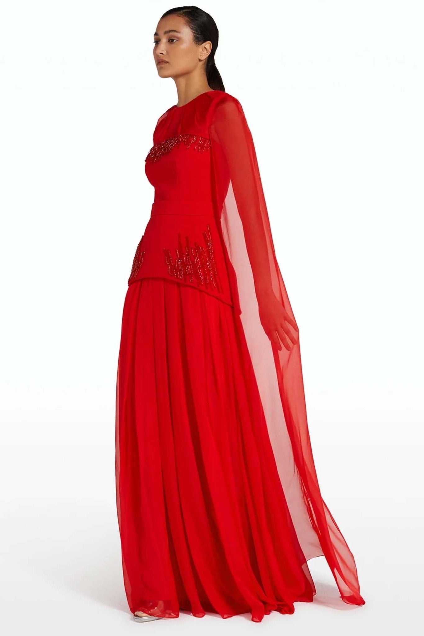Gloria Cherry Red Long Dress - ALBOUSHIYA - district 5 - dubai - riyadh - abaya - dresses - designers - evening wear - luxury - elegance - craftsmanship - gowns - cocktail dresses - collections - georges