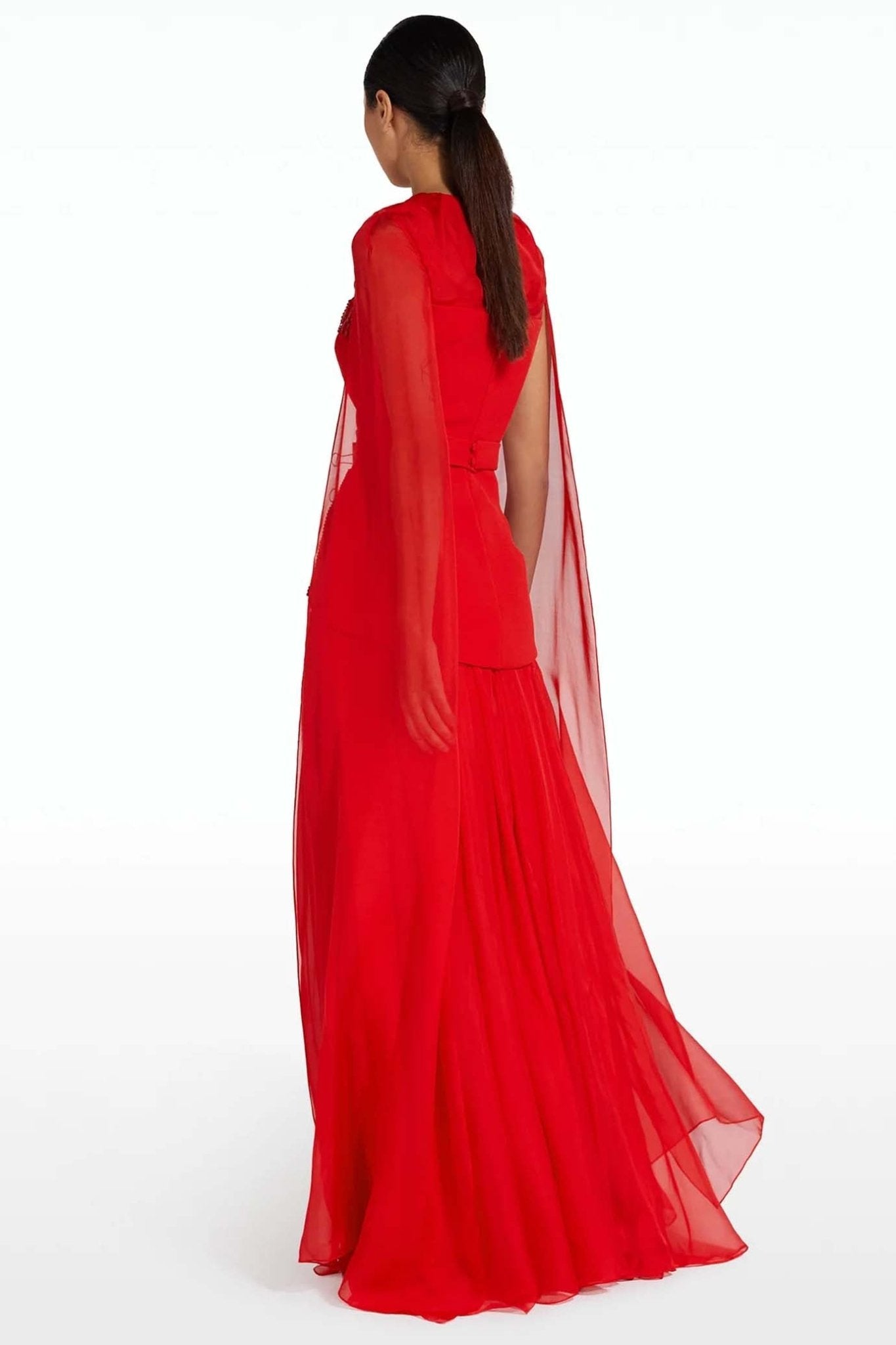 Gloria Cherry Red Long Dress - ALBOUSHIYA - district 5 - dubai - riyadh - abaya - dresses - designers - evening wear - luxury - elegance - craftsmanship - gowns - cocktail dresses - collections - georges
