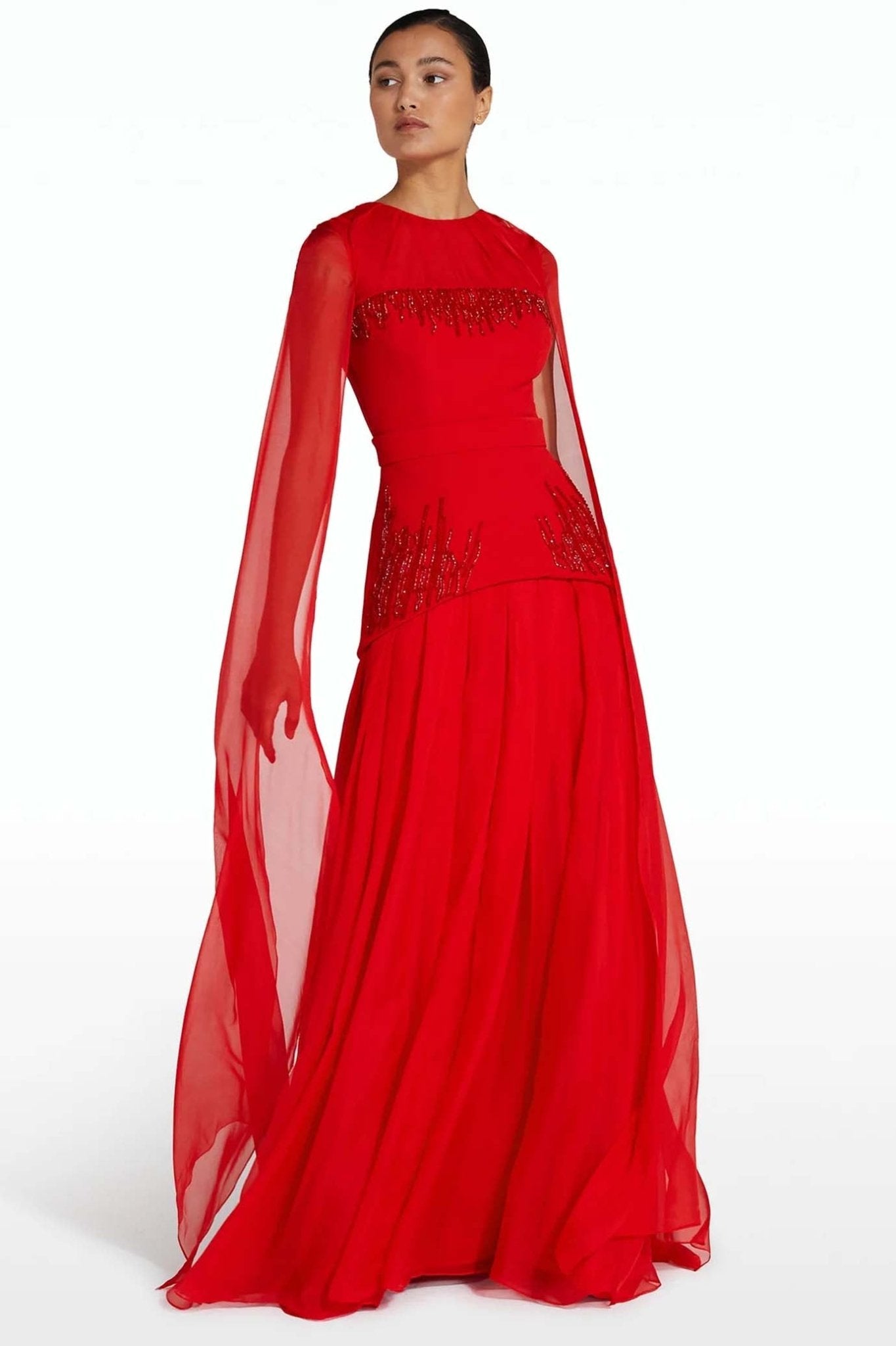 Gloria Cherry Red Long Dress - ALBOUSHIYA - district 5 - dubai - riyadh - abaya - dresses - designers - evening wear - luxury - elegance - craftsmanship - gowns - cocktail dresses - collections - georges