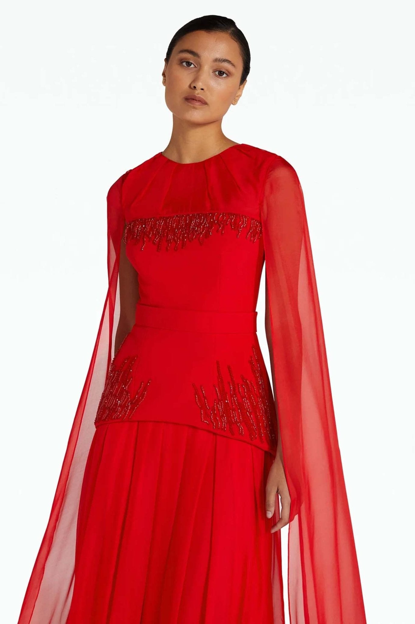 Gloria Cherry Red Long Dress - ALBOUSHIYA - district 5 - dubai - riyadh - abaya - dresses - designers - evening wear - luxury - elegance - craftsmanship - gowns - cocktail dresses - collections - georges
