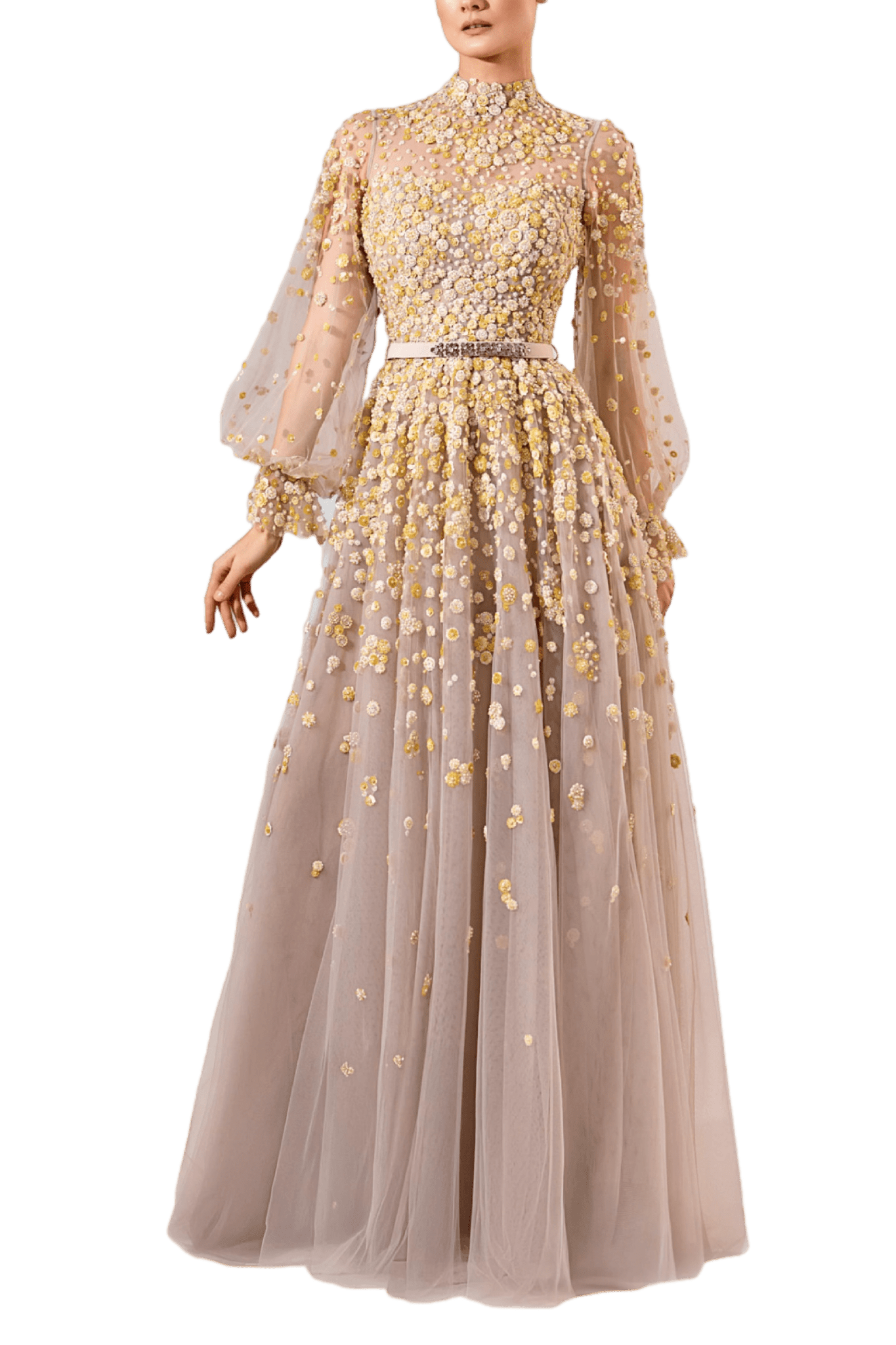 Gold Floral Embellished High - Neck Tulle Gown - ALBOUSHIYA - district 5 - dubai - riyadh - abaya - dresses - designers - evening wear - luxury - elegance - craftsmanship - gowns - cocktail dresses - collections - georges