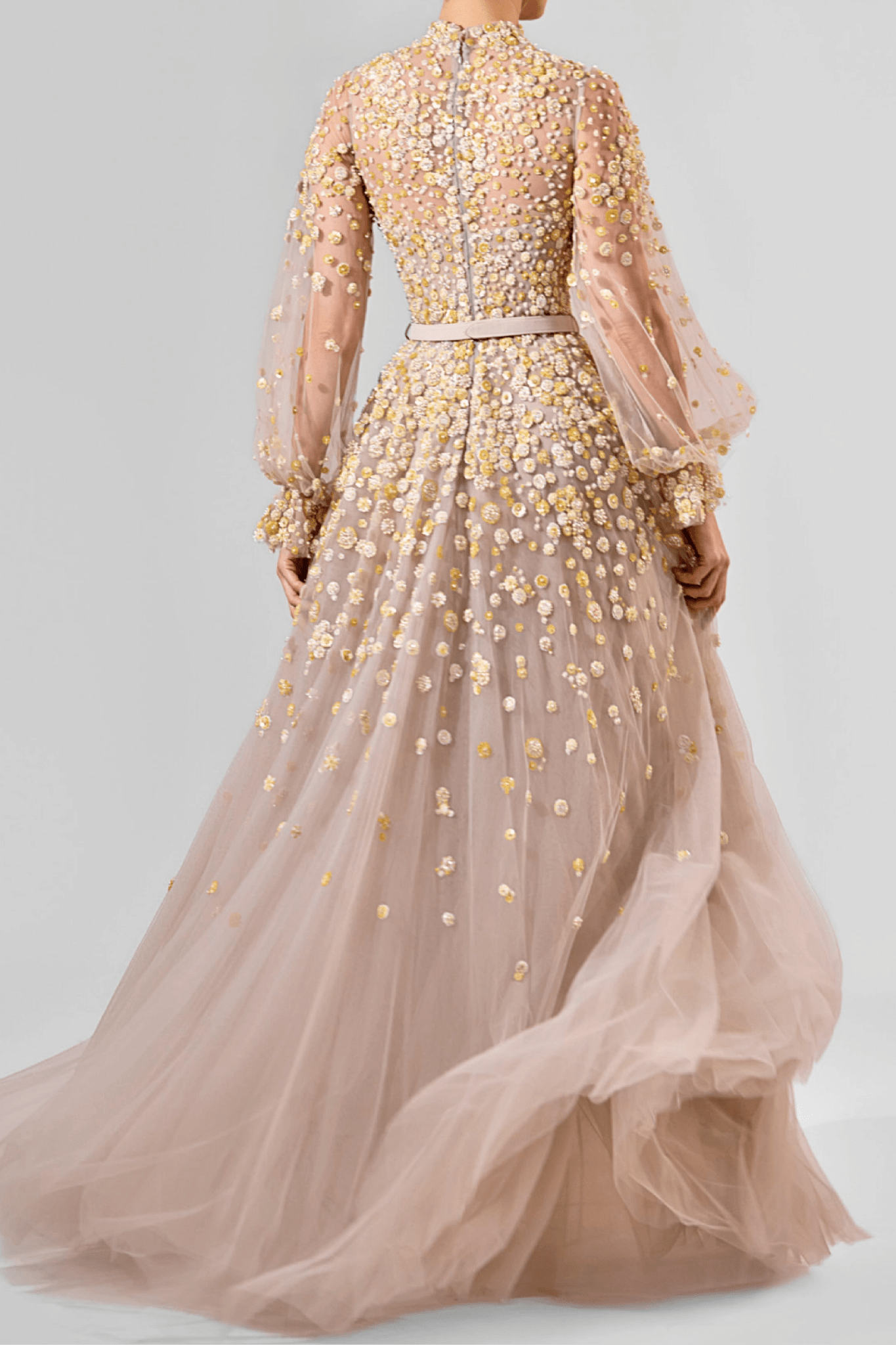 Gold Floral Embellished High - Neck Tulle Gown - ALBOUSHIYA - district 5 - dubai - riyadh - abaya - dresses - designers - evening wear - luxury - elegance - craftsmanship - gowns - cocktail dresses - collections - georges
