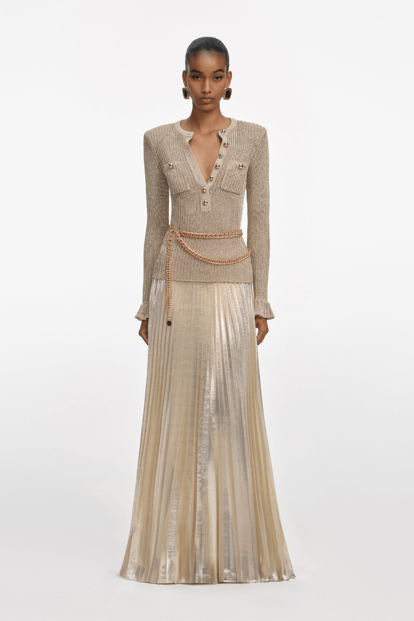Gold Lurex Ribbed Knit Maxi Dress - ALBOUSHIYA - district 5 - dubai - riyadh - abaya - dresses - designers - evening wear - luxury - elegance - craftsmanship - gowns - cocktail dresses - collections - georges