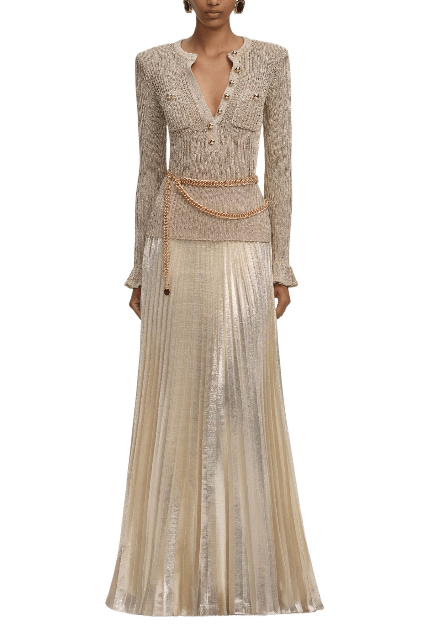 Gold Lurex Ribbed Knit Maxi Dress - ALBOUSHIYA - district 5 - dubai - riyadh - abaya - dresses - designers - evening wear - luxury - elegance - craftsmanship - gowns - cocktail dresses - collections - georges