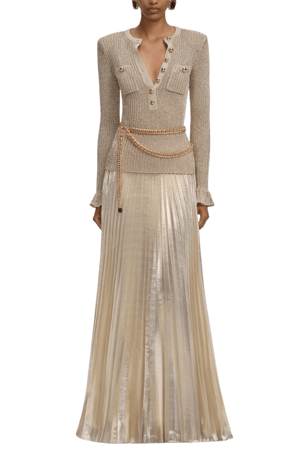 Gold Lurex Ribbed Knit Maxi Dress - ALBOUSHIYA - district 5 - dubai - riyadh - abaya - dresses - designers - evening wear - luxury - elegance - craftsmanship - gowns - cocktail dresses - collections - georges