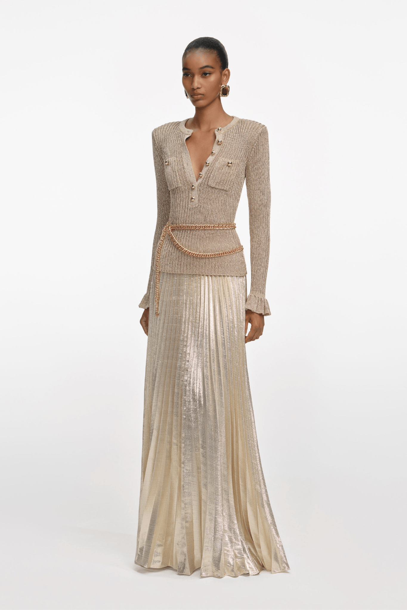 Gold Lurex Ribbed Knit Maxi Dress - ALBOUSHIYA - district 5 - dubai - riyadh - abaya - dresses - designers - evening wear - luxury - elegance - craftsmanship - gowns - cocktail dresses - collections - georges