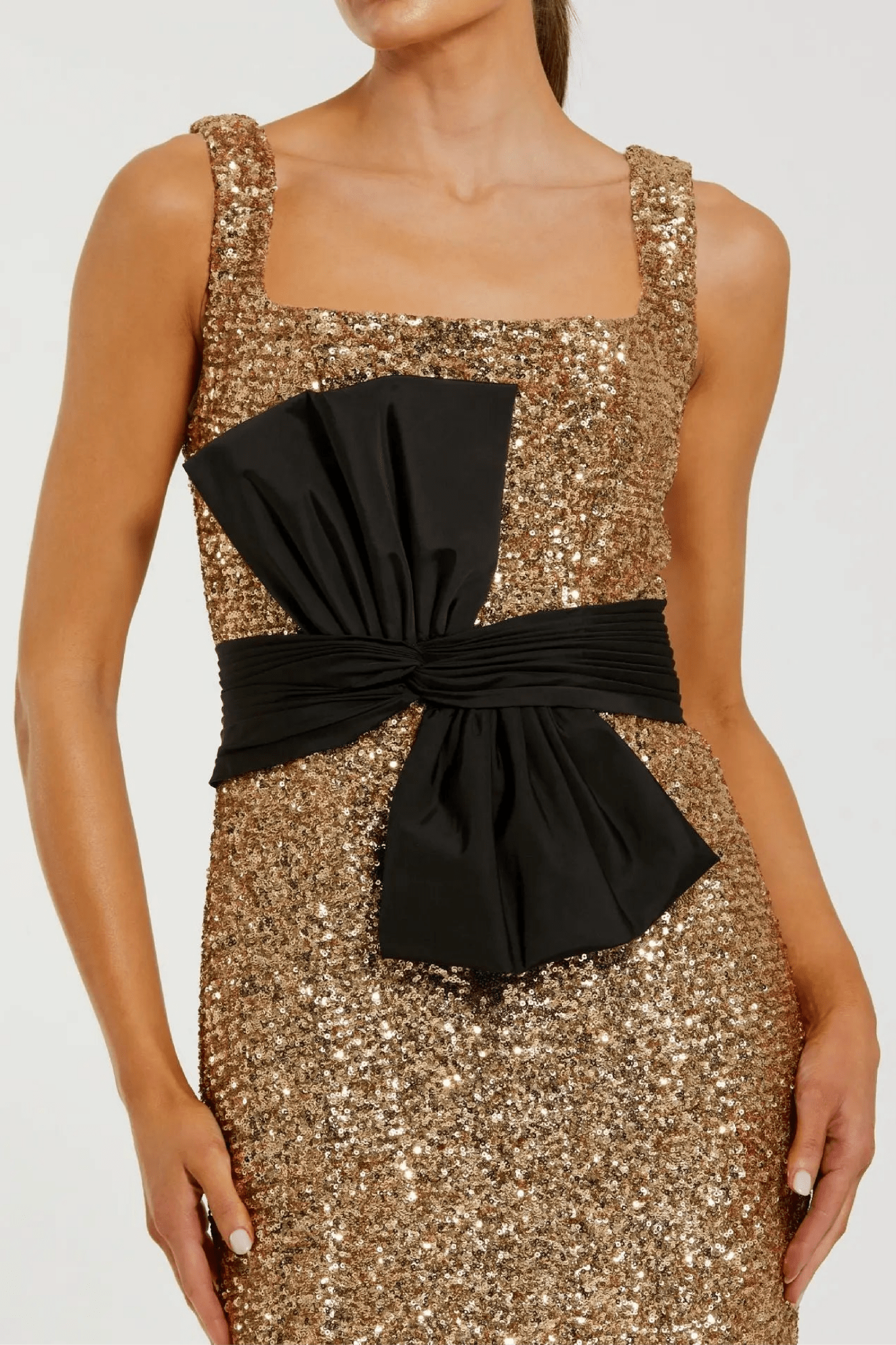Gold Sequin Square Neck Column Gown with Black Bow