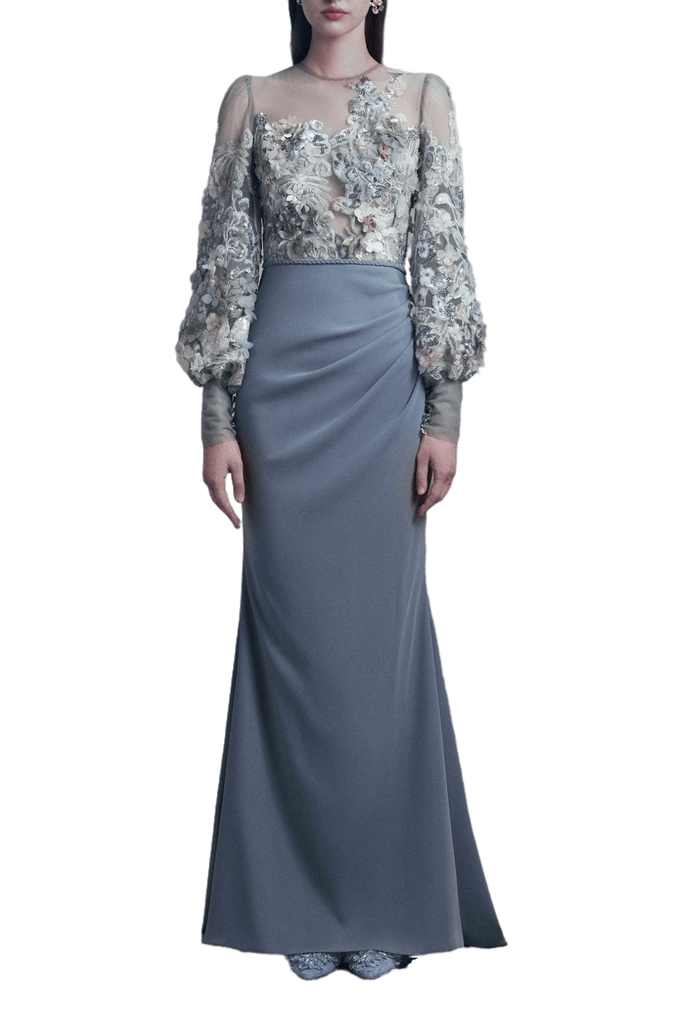 Grey Fitted Drapes Floral Gown - ALBOUSHIYA - district 5 - dubai - riyadh - abaya - dresses - designers - evening wear - luxury - elegance - craftsmanship - gowns - cocktail dresses - collections - georges