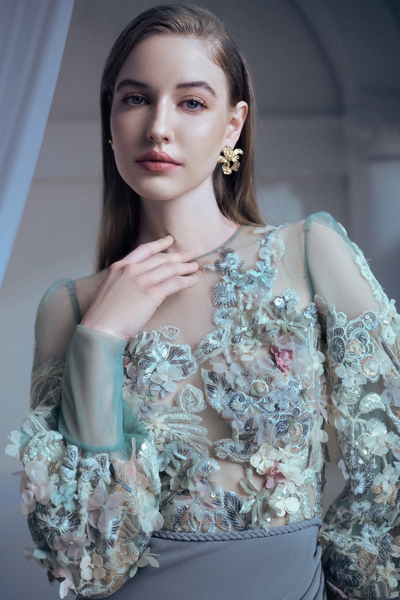 Grey Fitted Drapes Floral Gown - ALBOUSHIYA - district 5 - dubai - riyadh - abaya - dresses - designers - evening wear - luxury - elegance - craftsmanship - gowns - cocktail dresses - collections - georges