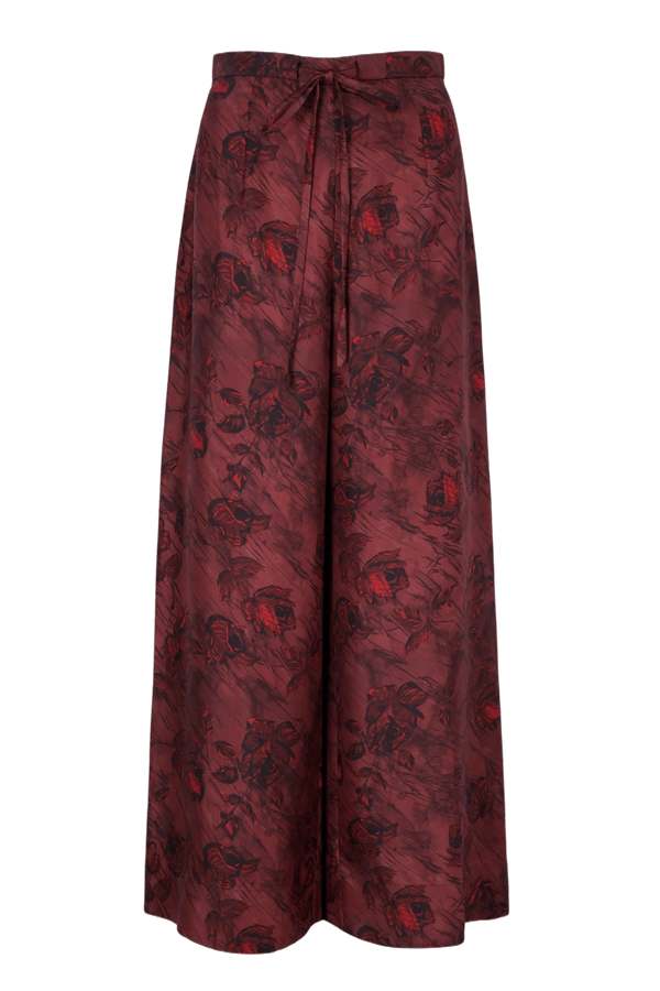 Heqet Trousers In Red Roses On Marble Print Silk Twill - ALBOUSHIYA - district 5 - dubai - riyadh - abaya - dresses - designers - evening wear - luxury - elegance - craftsmanship - gowns - cocktail dresses - collections - georges