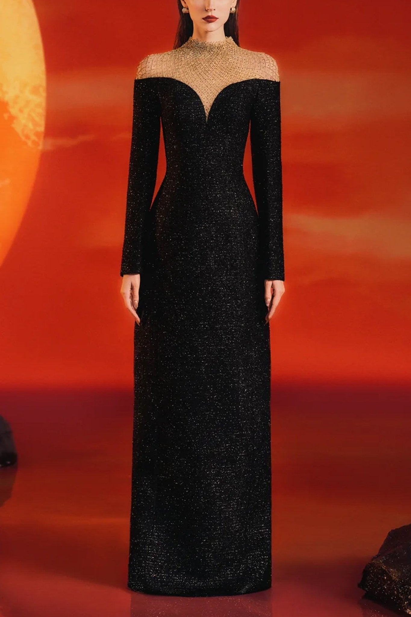 High Neck Fishnet Shoulder Dress - ALBOUSHIYA - district 5 - dubai - riyadh - abaya - dresses - designers - evening wear - luxury - elegance - craftsmanship - gowns - cocktail dresses - collections - georges