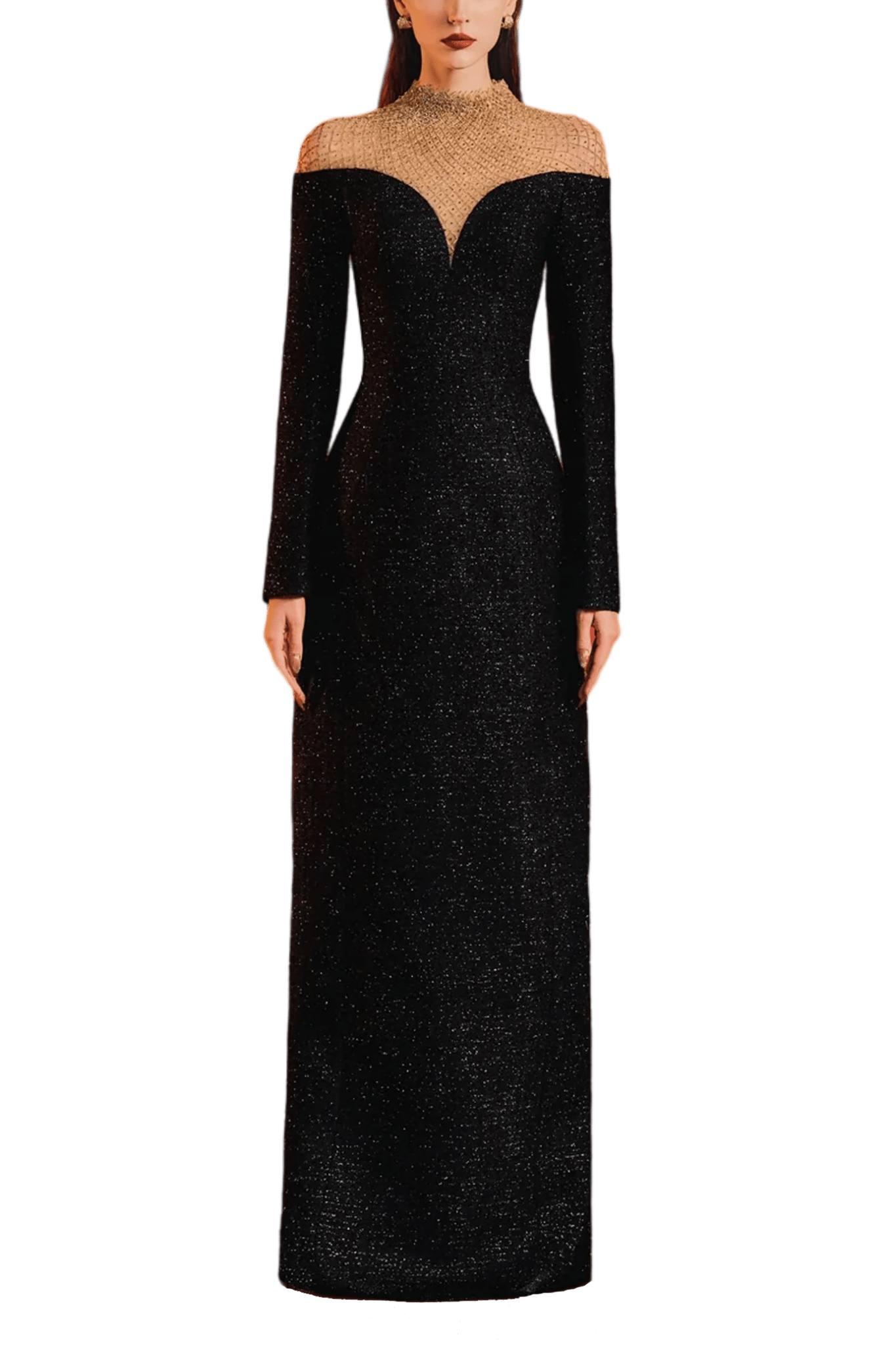 High Neck Fishnet Shoulder Dress - ALBOUSHIYA - district 5 - dubai - riyadh - abaya - dresses - designers - evening wear - luxury - elegance - craftsmanship - gowns - cocktail dresses - collections - georges