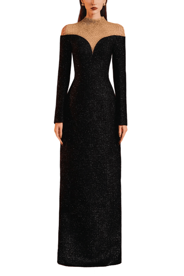 High Neck Fishnet Shoulder Dress - ALBOUSHIYA - district 5 - dubai - riyadh - abaya - dresses - designers - evening wear - luxury - elegance - craftsmanship - gowns - cocktail dresses - collections - georges