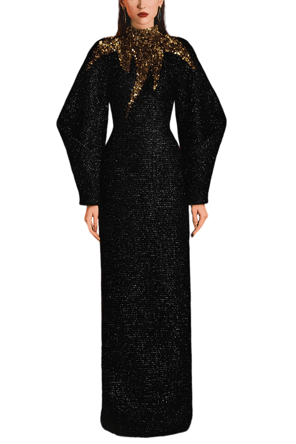 High Neck Fluffy Sleeve Dress - ALBOUSHIYA - district 5 - dubai - riyadh - abaya - dresses - designers - evening wear - luxury - elegance - craftsmanship - gowns - cocktail dresses - collections - georges