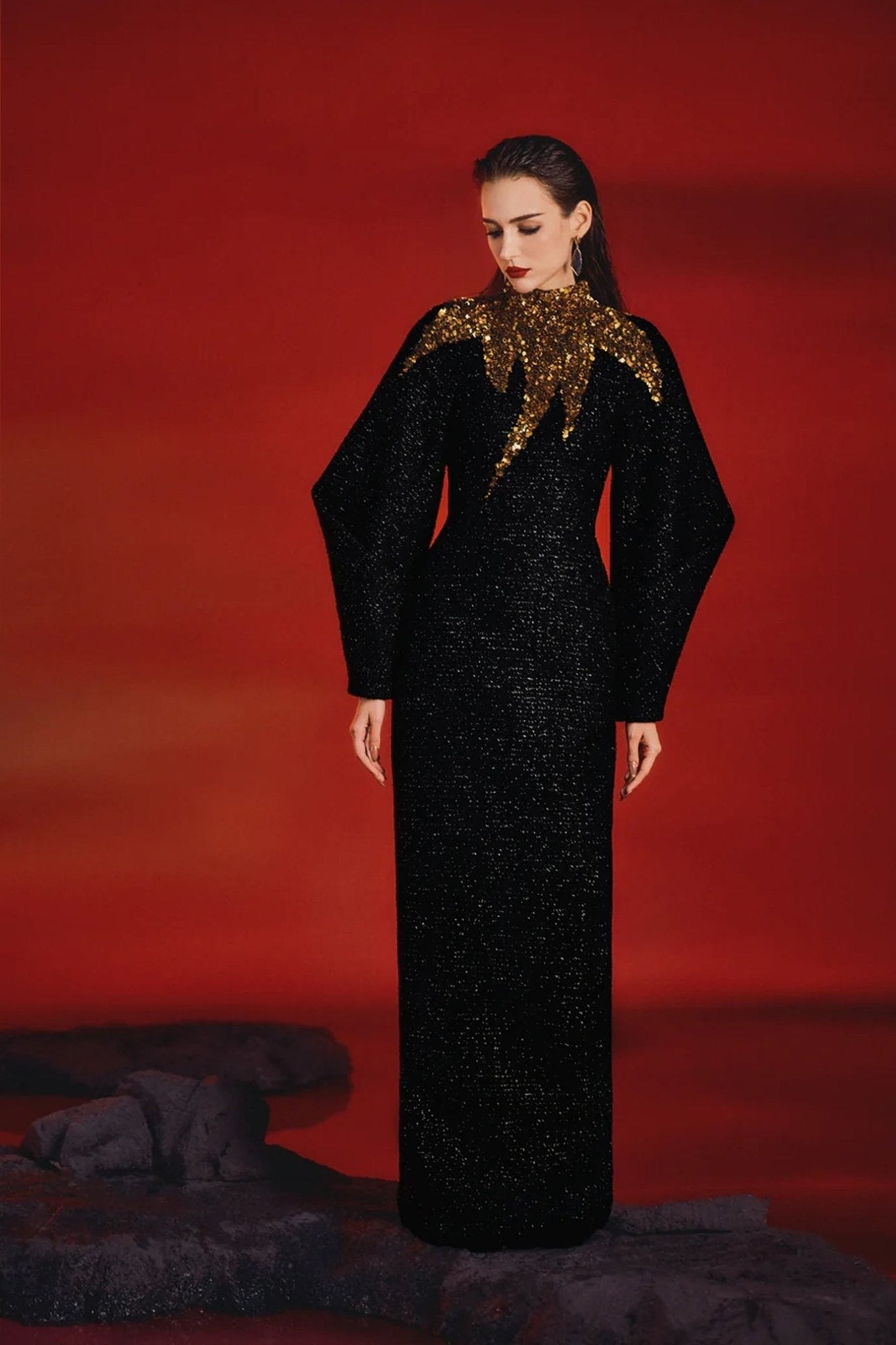 High Neck Fluffy Sleeve Dress - ALBOUSHIYA - district 5 - dubai - riyadh - abaya - dresses - designers - evening wear - luxury - elegance - craftsmanship - gowns - cocktail dresses - collections - georges
