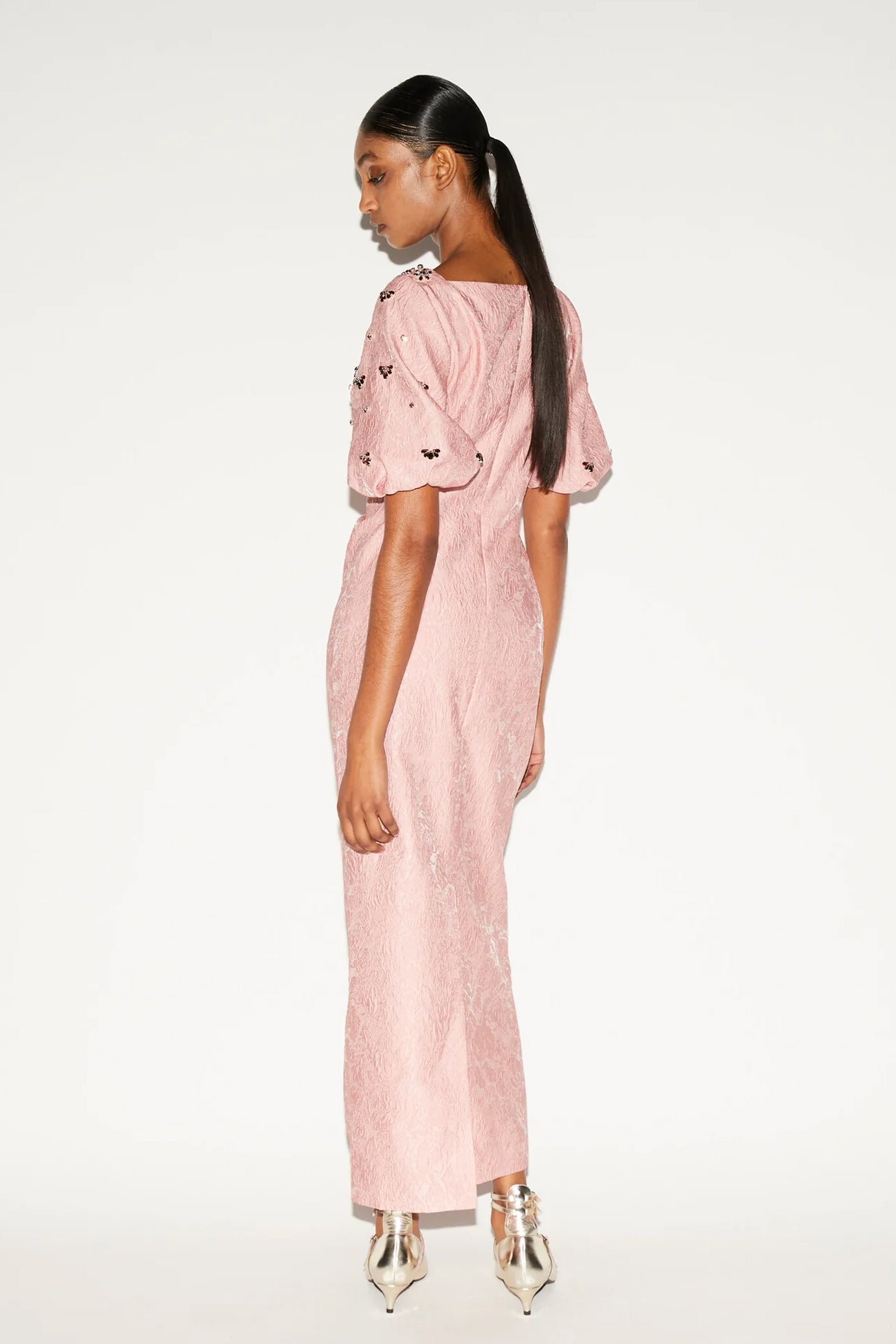 Aretha Pink Embellished Jacquard Dress