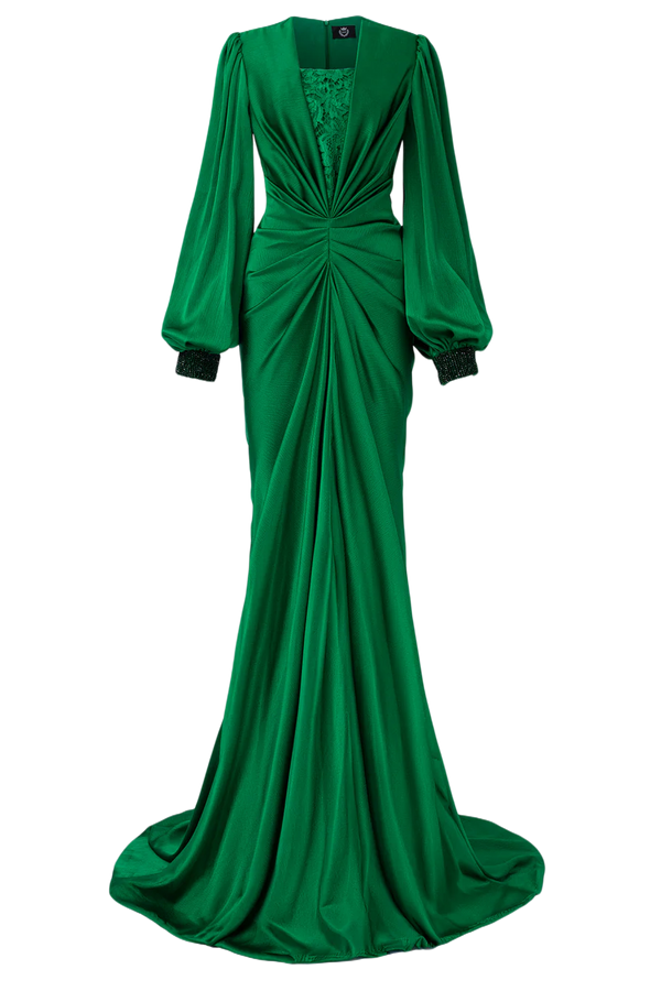 Plunge Neckline Bouffant Sleeves Gathered Waist Gown
