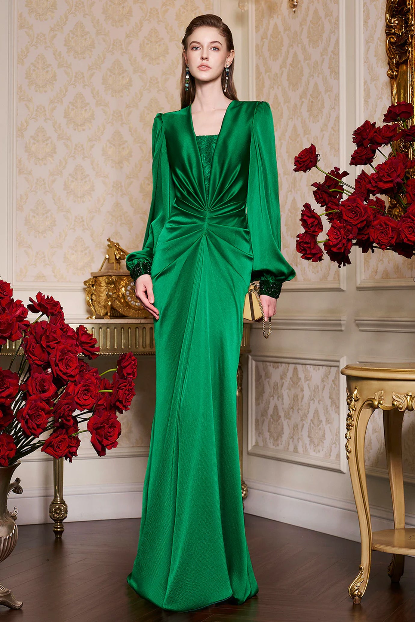 Plunge Neckline Bouffant Sleeves Gathered Waist Gown